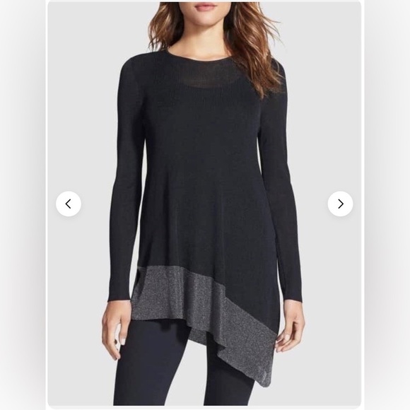 Eileen Fisher Tops - Eileen Fisher Metallic Asymmetrical Tunic Top XS Black Gray Knit Luxe Minimalist